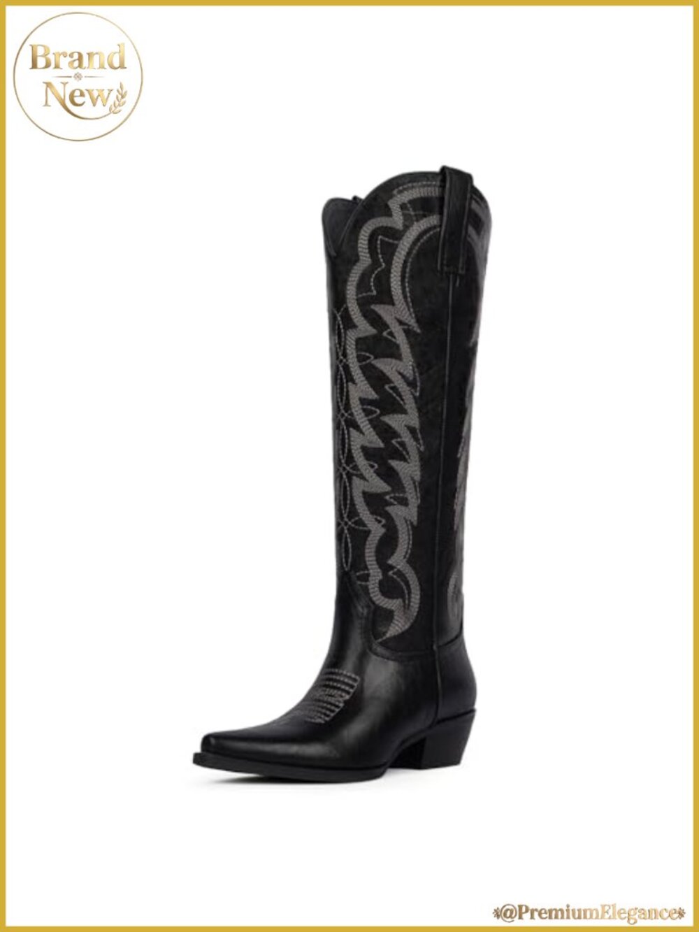 Women Knee High Cowboy Boots Pointed Toe Chunky Heel Western Boots